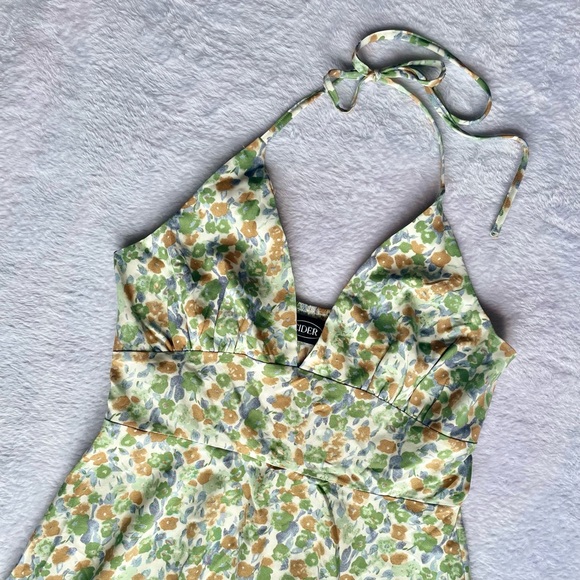 **NWOT** CIDER, (Size S) “Bottomless Mimosas” Green Floral Halter Mini Dress - Picture 5 of 10